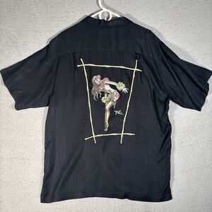 Club Tiki Button Down‎ Shirt Men’s Size L Black Silk Hawaiian Pinup Embroidery